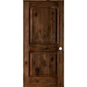 28 in. x 80 in. Knotty Alder 2-Panel Left-Handed Provincial Stain Wood Single Prehung Interior Door with Arch Top