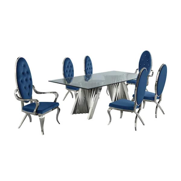 Best Quality Furniture Becky 7-Piece Rectangular Glass Top with Stainless Steel Base Table Set with 4-Navy Blue Velvet Chairs And 2-Arm Chairs