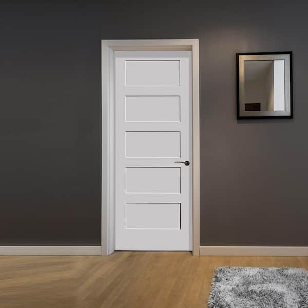 32 in. x 80 in. 5 Panel Left Hand Solid Wood Primed White MDF Single  Prehung Interior Door with Matte Black Hinges