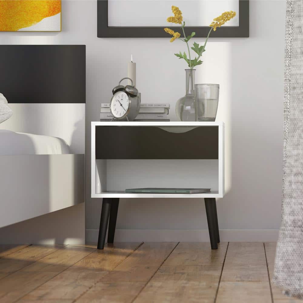 Diana Scandinavian Two-Tone White & Black Matte Nightstand with Drawer