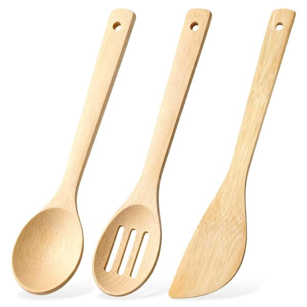 3-Piece Natural Bamboo Wooden Kitchen Utensils Set with Slotted Spoon, Wooden Spoon and Spatula Cooking