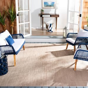 Beach House Beige 7 ft. x 7 ft. Square Striped Indoor/Outdoor Patio  Area Rug