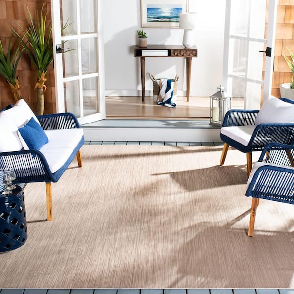 Beach House Beige 7 ft. x 7 ft. Square Striped Indoor/Outdoor Patio  Area Rug