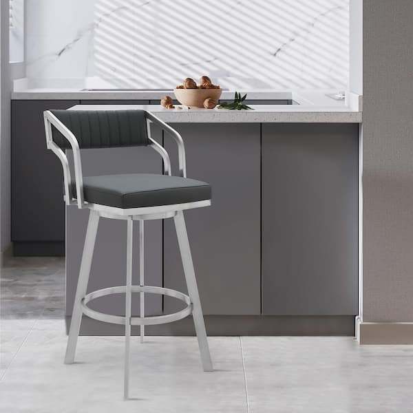 Armen Living Scranton Grey Swivel Modern Metal and Slate Faux Leather Bar and Counter Stool