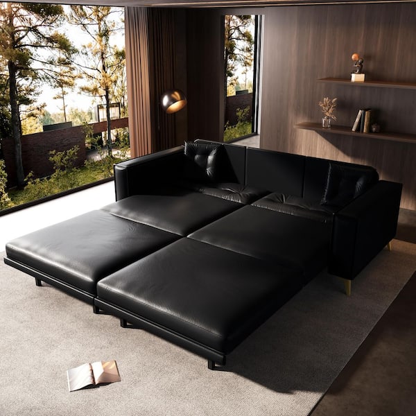 Button Tufted 3-in-1 Convertible 92.1 in Black Faux Leather King Size Pull out Sofa Bed with 2-Pillows