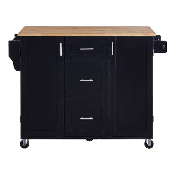 Unbranded Black Rubber Wood Kitchen Cart with 5-Drawer, Spice Rack and Internal Storage Rack