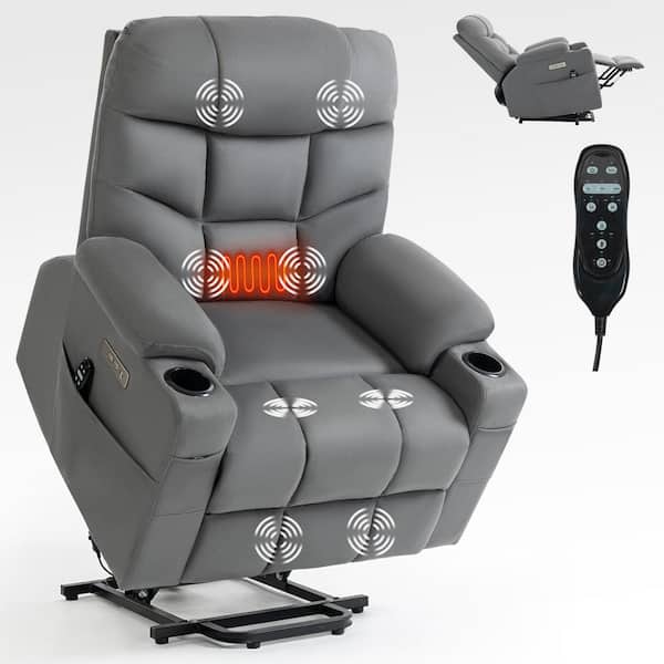 Z-joyee Gray Fabric Recliner 8-Point Vibration Massage and Lumbar Heating Recliner with 2-Cup Holdersand USB Port