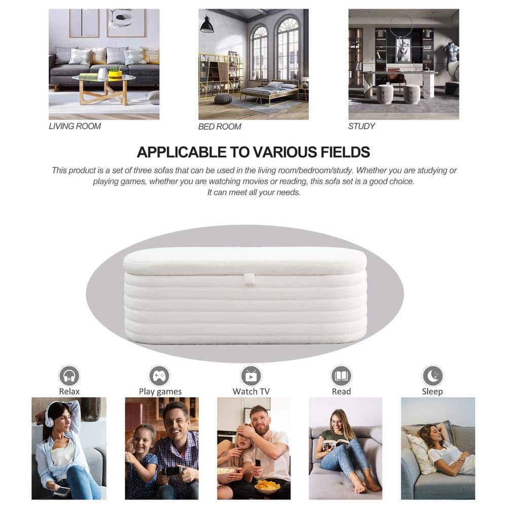 Cream White Upholstered Oval Storage Ottoman Bench