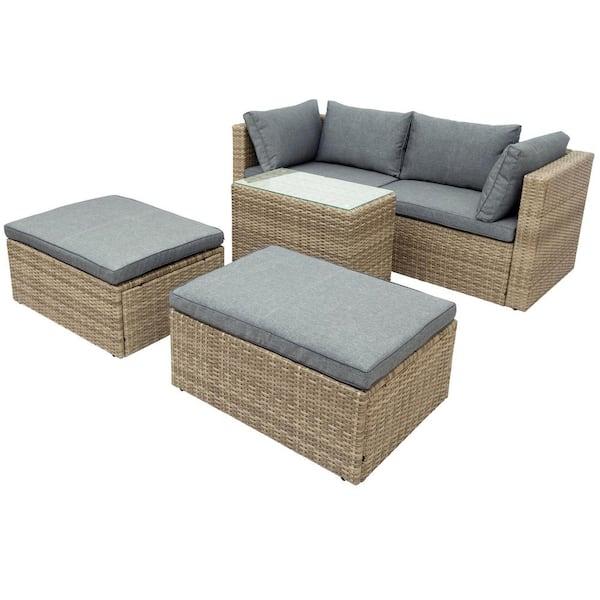 maocao hoom Brown 5-Pieces Wicker Outdoor Patio Conversation Sets with Gray Cushions