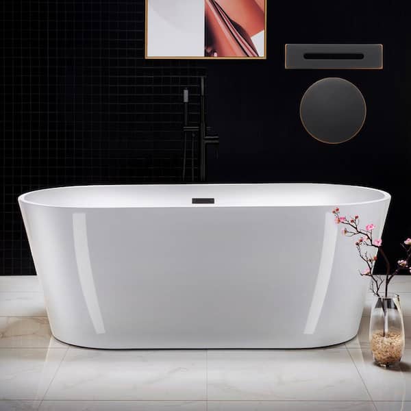 WOODBRIDGE Santander 67 in. Acrylic Flatbottom Double Ended Bathtub with Oil Rubbed Bronze Overflow and Drain Included in White