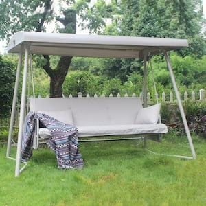 3-Seater Metal Outdoor Patio Swing Chair Swing Bed with Seat Cushion and Adjustable Canopy for Backyard Champagne Color