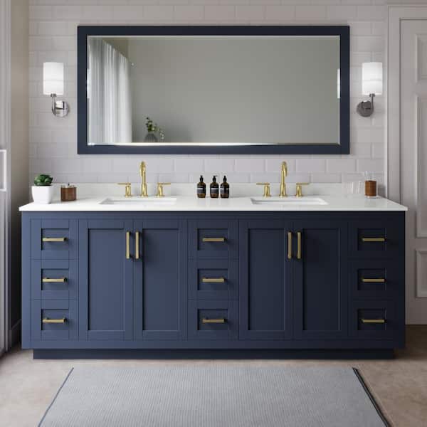 Wyndham Collection Miranda 84 in. W x 22 in. D x 33.75 in. H Double Bath Vanity in Dark Blue with White Quartz Top and 70 in. Mirror