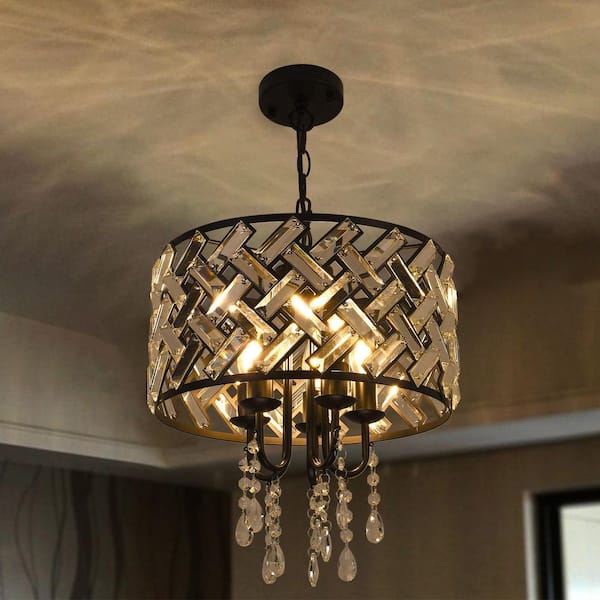 Modern 5-Light Black Drum Chandelier with Glam Crystal Shade-Dimmable Hanging Light Fixture for Living Room