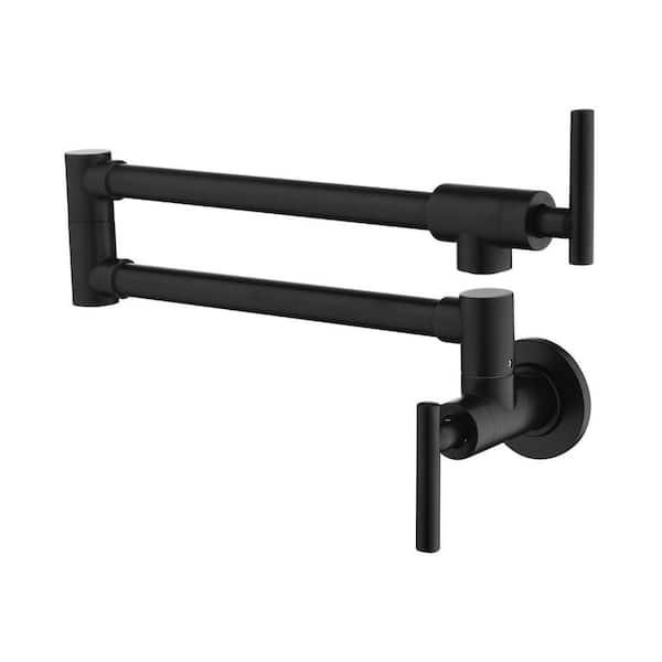 Wall Mounted Folding Pot Filler with Double-Handle Brass Stretchable Kitchen Sink Faucet in Black