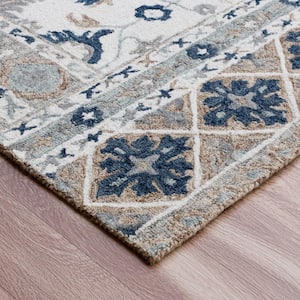 Hillah Traditional Blue/Taupe 7 ft. 9 in. x 9 ft. 9 in. Floral Filigree Organic Wool Indoor Area Rug