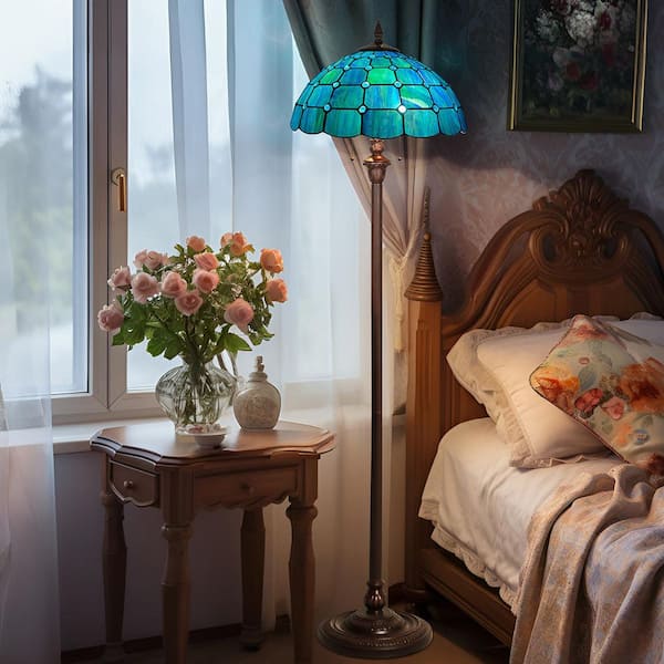 62 in. Dark Bronze Tiffany Floor Lamp Antique Style Standing Light with Deep Blue Stained Glass shade Pull Chain Switch