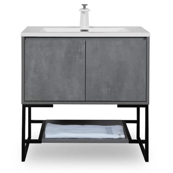 Abruzzo Allen 36 in. Freestanding Grey Bath Vanity Open-Shelf Bathroom Storage Vanity Cabinet with Glossy White Resin Top Basin