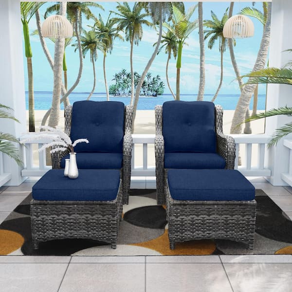 Gardenbee 4-Piece Wicker Outdoor Patio Conversation Lounge Chair Set with Blue Cushions and Ottomans