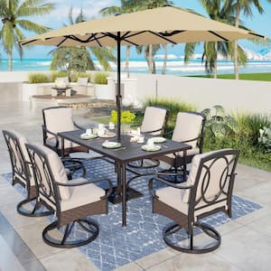8-Piece Metal Outdoor Dining Set with Beige Cushions and Umbrella