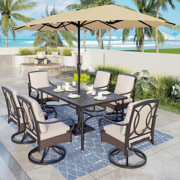 PHI VILLA 8-Piece Metal Outdoor Dining Set with Beige Cushions and Umbrella