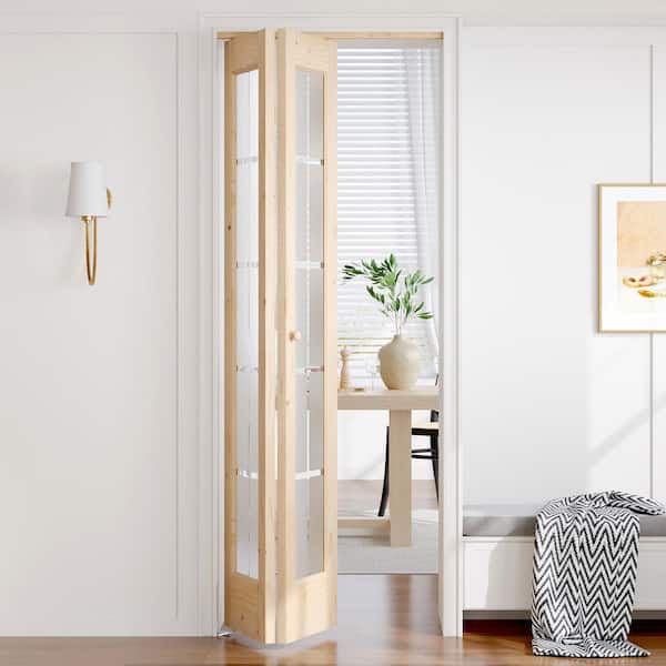 32 in. x 80 in. 3/4 Lite Frosted Glass Preassembled Solid Core Wood Spruce Bi-Fold Door with Hardware