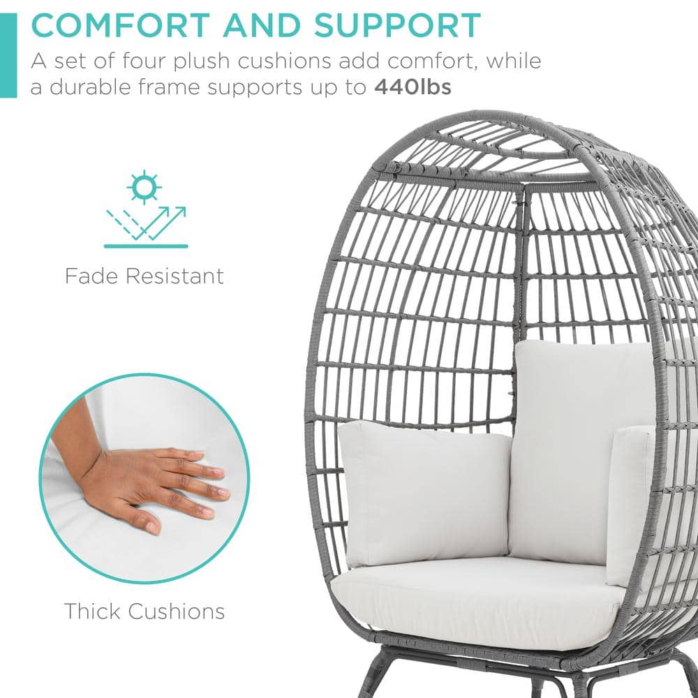 Gray Wicker Egg Lounge Chair with White Sand Cushions