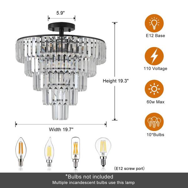 19.7 in. 10-Light Black Flush Mount Chandelier with Crystals