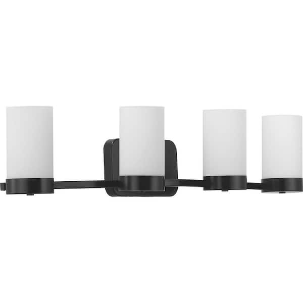 Progress Lighting Elevate Collection 4-Light Matte Black Etched White Glass Mid-Century Modern Bath Vanity Light
