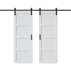 60 in. x 84 in. Paneled 4 Lite Wave Shape MDF White Prefinished Double Sliding Barn Door Slab with Hardware Kit