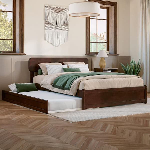 AFI Capri Walnut Brown Solid Wood Frame Full Platform Bed with Panel Footboard and Twin Trundle