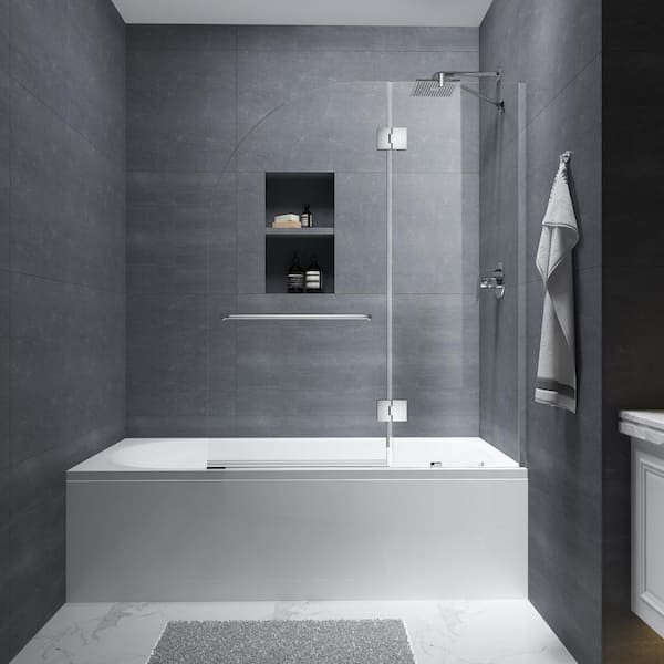 Caffee 48 in. W x 58 in. H Pivot Bathtub Frameless Shower Door in Bright Chrome with 1/4 in. (6mm) Clear Glass