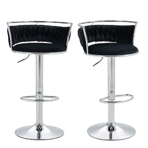 38.7 in. Swivel Adjustable Height Low Back Silver Metal Frame Bar Stool with Black Velvet Seat Cushion(set of 2)