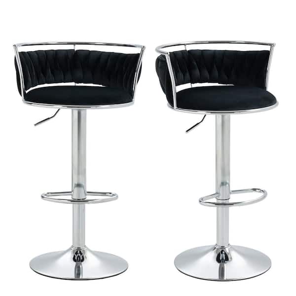 Uixe 38.7 in. Swivel Adjustable Height Low Back Silver Metal Frame Bar Stool with Black Velvet Seat Cushion(set of 2)
