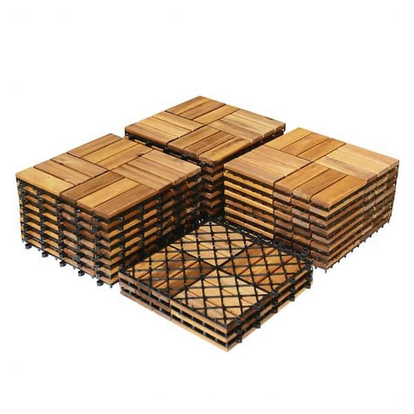 27 Pieces Acacia Wood Interlocking Patio Deck Tile Outdoor Decor Flooring