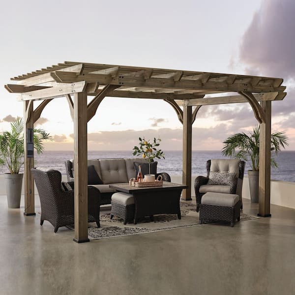 Somerville 14 ft. x 10 ft. Barnwood Stain All Cedar Wood Outdoor Pergola Shade Structure with Electric