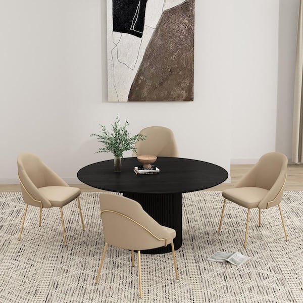 Manhattan Comfort Gracie Modern Tan and Gold Faux Leather Upholstered Dining Side Chair with Stainless Steel Legs (Set of 4)