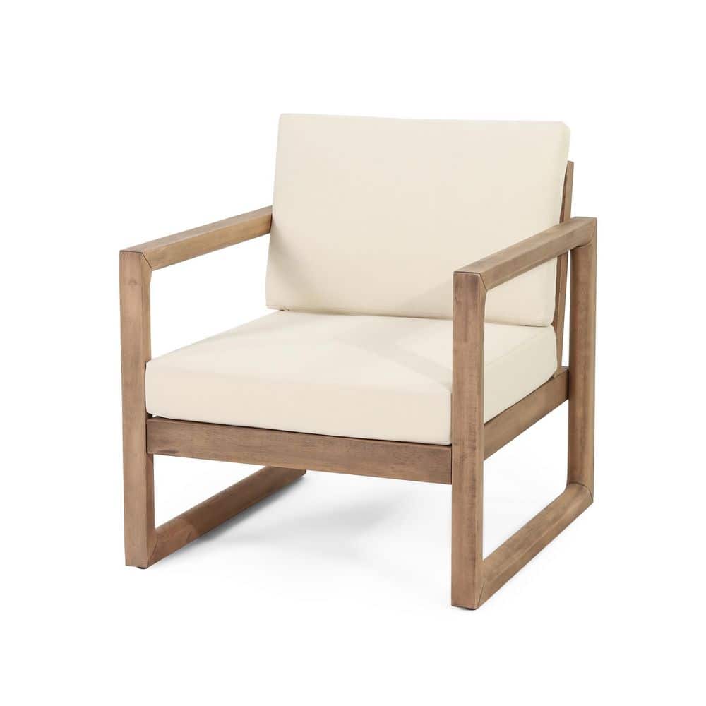 Brown Acacia Wood Outdoor Lounge Chair with Beige Waterproof Cushion, Patio Club Chair for Porch, Garden price history on PriceWatchPro