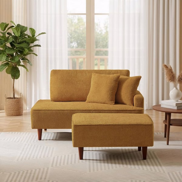 Willa Modern Orange Boucle Polyester Upholstered Chaise Lounge Chair with Ottoman and 2-Throw Pillows