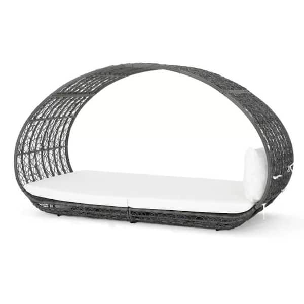 Wicker Overhead Canopy Outdoor Day Bed with White Cushions