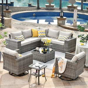 Marvel Gray 9-Piece Wicker Wide Arm Patio Conversation Set with Beige Cushions and Swivel Rocking Chairs