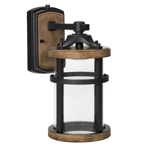 Black Outdoor LED Wall Light with /Wood Grain Finish, Sconce, Clear Glass, Dusk to Dawn Sensor, 800 Lumens, 3000K