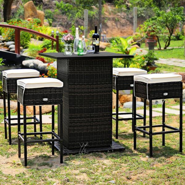 5-Piece Wicker Outdoor Serving Bar Set Patio Rattan Bar Table Stool Set with White Cushions and Hidden Storage Shelf