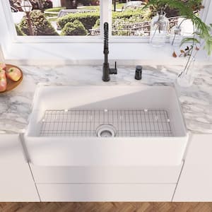 Denbigh White Fireclay 36 in. x 18 in. Farmhouse Apron Single Bowl Kitchen Sink with Bottom Grid and Basket Strainer