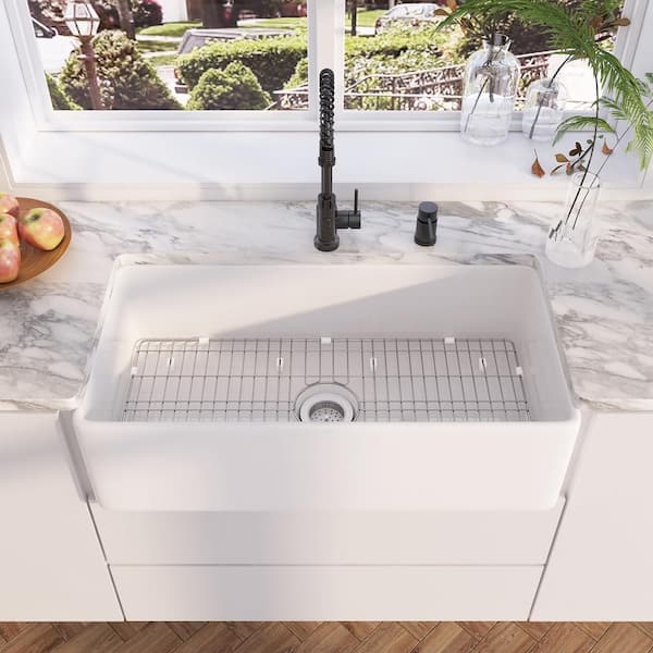 Eridanus Denbigh White Fireclay 36 in. x 18 in. Farmhouse Apron Single Bowl Kitchen Sink with Bottom Grid and Basket Strainer