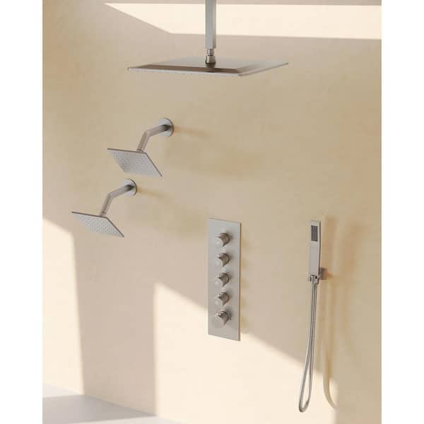 SerenityFlow 15-Spray 16 and 6 and 6 in. Dual Ceiling Mount Fixed and Handheld Shower Head 2.5 GPM in Brushed Nickel