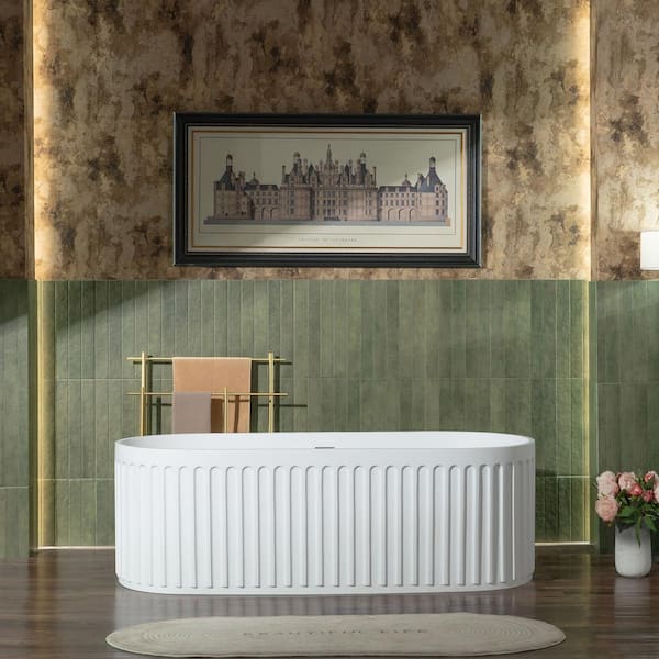 WOODBRIDGE 67 in. L x 29.5 in. W Luxury Solid Surface Stone Resin Freestanding Soaking Bathtub With Center Drain in White
