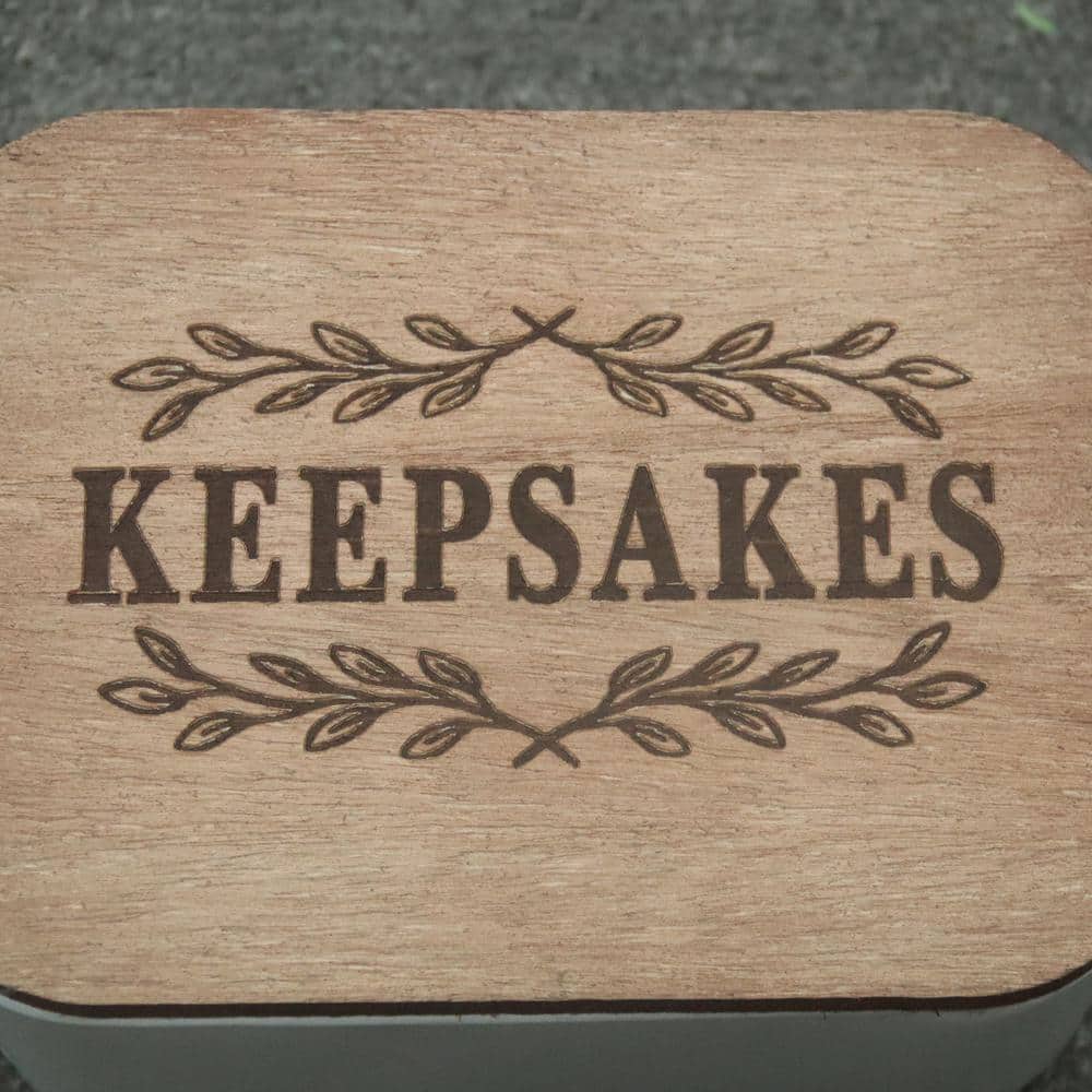 White and Brown Farmhouse Wood Keepsakes Storage Box with Engraved Lid