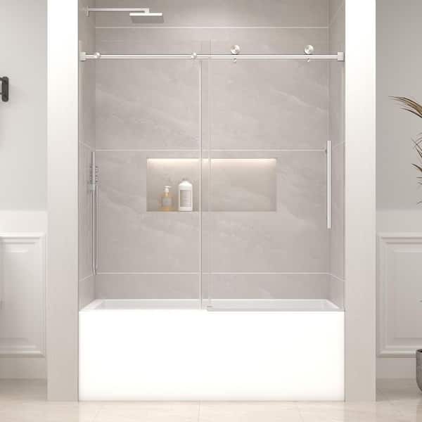 55-60 in. W x 60 in. H Sliding Frameless Tub Door in Brushed Nickel with 1/4 in. Clear Glass