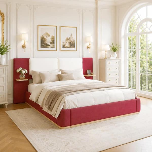 Red Wood Frame King Size Upholstered Platform Bed with Panel and Anti-Collision Soft Rounded Corners
