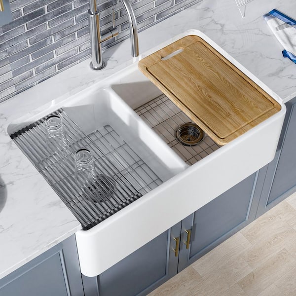 Aguamaph White Fireclay 33 in. L x 20 in. W Double Bowl Farmhouse Apron Workstation Kitchen Sink with Bottom Grid and Strainer